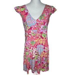 Llily Pulitzer Pink Floral Ruffle Sleeve Dress Style 26316 Cotton Silk Sz Large